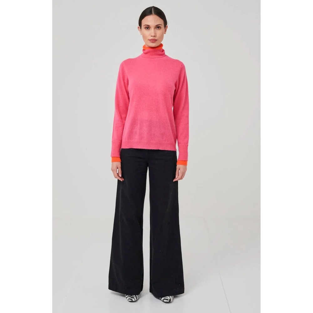 Brodie Cashmere Pink Orange Turtleneck Sweater Womens Large Neon Colorblock Knit